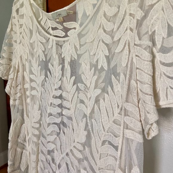 Capri Off-White Palm Leaves Embroidered Sheer Short-Sleeved Top Boho Beach [L] - Picture 4 of 6
